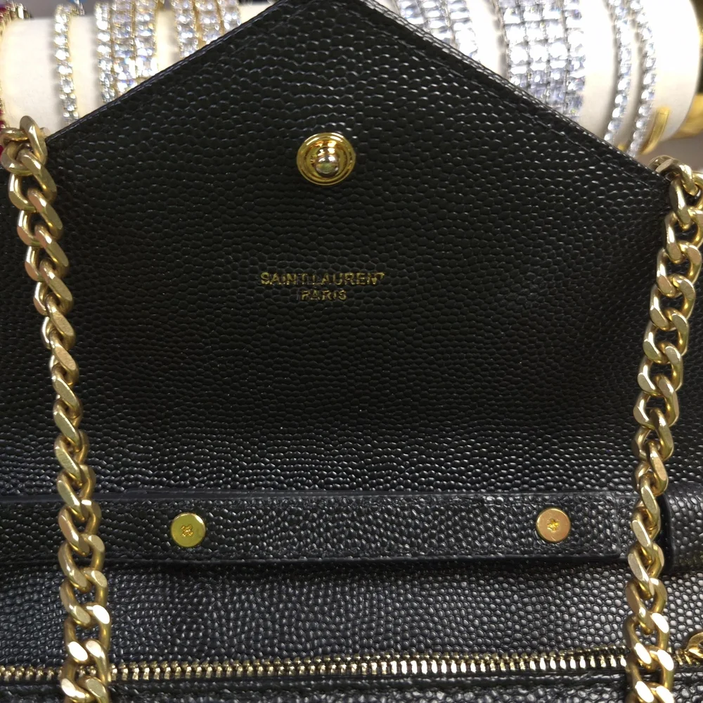 Saint Laurent Monogram Envelope Chain Wallet Bag Black Caviar Gold - Picture 5 of 12